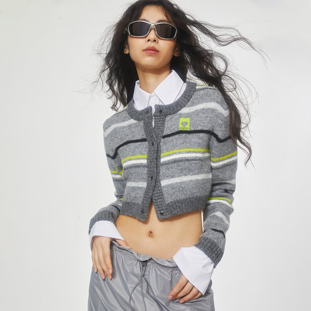 MLMR New Style Top Sweater Women's Clothes Knitted Sweater Maillard Stripe Cardigan Niche Style