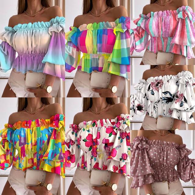New autumn products sexy one-length neck off-shoulder gradient tie-dye large flower dot print waist-closed long-sleeved shirt short top
