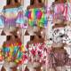 New autumn products sexy one-length neck off-shoulder gradient tie-dye large flower dot print waist-closed long-sleeved shirt short top
