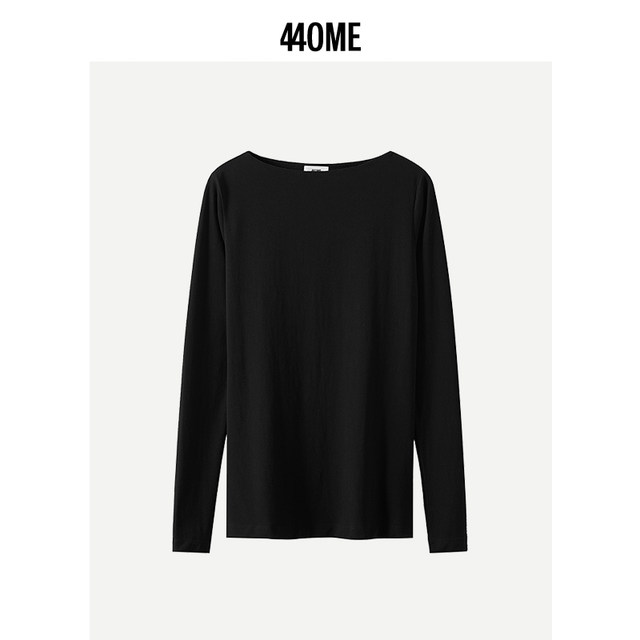 440ME Women's Clothing New Autumn Classic Black Elegant Small One-Line Collar Top Slim Base Long Sleeve T-shirt