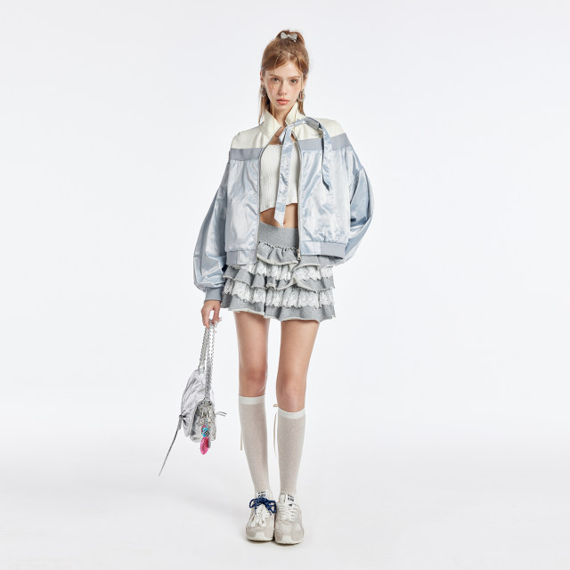 Guukahero light gray stitching satin stand -up collar collar female disassembly bow, stylish loose and versatile jacket