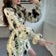 Design sensory folds, loose waist, long waist, long top, female covered buttocks, beautiful printed shirt horn sleeve shirt