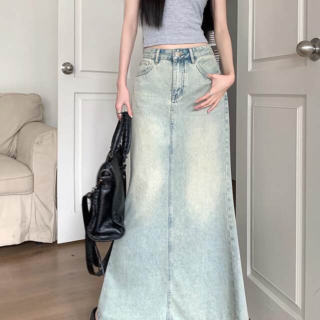 Kumikumi retro water washing blue as old denim skirt 2024 early autumn high waist split straight straight skirt