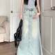 Kumikumi retro water washing blue as old denim skirt 2024 early autumn high waist split straight straight skirt