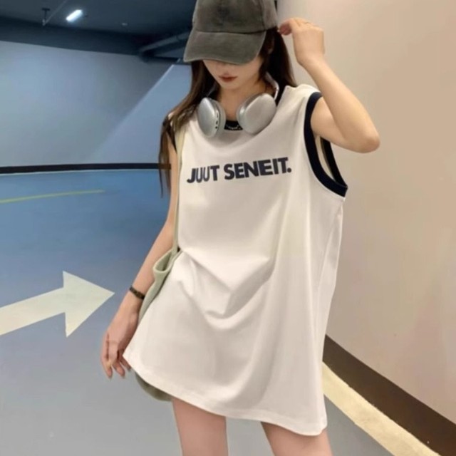 Sleeveless pure cotton T-shirt for women in summer mid-length style for outerwear with suspenders with loose age-reducing hot girls vest top
