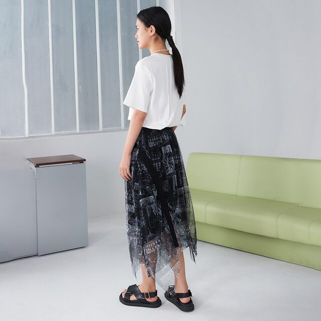 PATAVINITY summer hem asymmetric printed mesh skirt women's clothing 8F3231018
