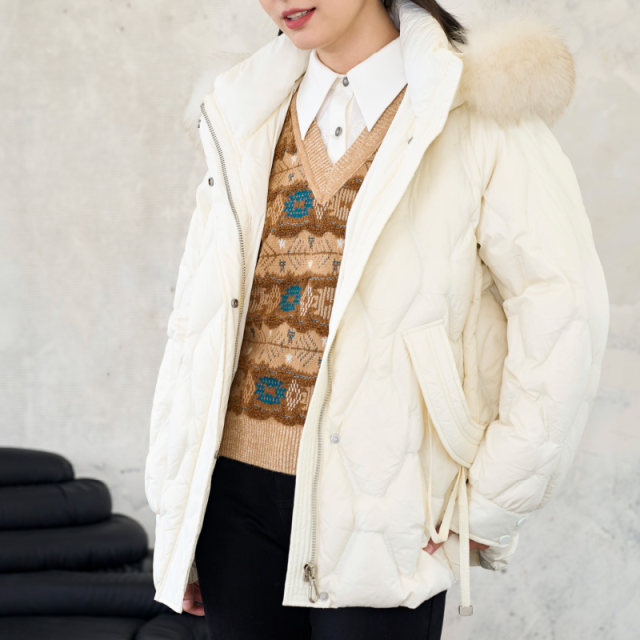 Patavinity diamond -shaped grid hat can be disassembled fox hair collar down jacket women's winter white duck down warm jacket
