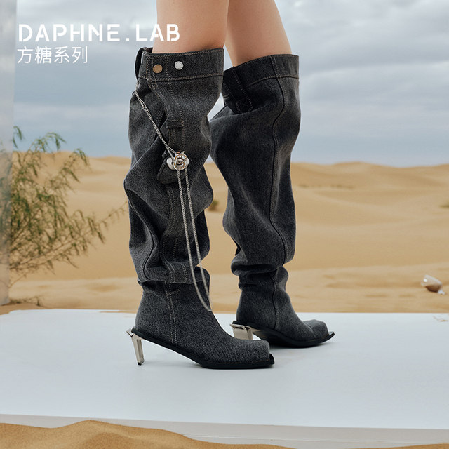 Jennie's daily version DAPHNELAB sugar cube metal high heel over-knee boots American western trouser boots women