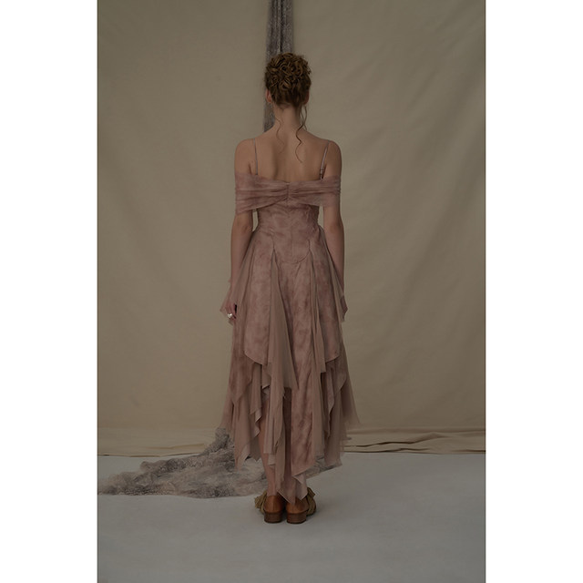 Elywood lotus root powder one-length suspender dress irregular waist-hugging vacation long skirt temperament celebrity versatile skirt