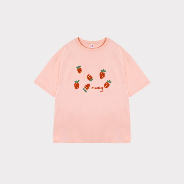 Raspberry Store Cartoon Korean Strawberry Round Neck Short Sleeve T-shirt 2025 Pink New Versatile Sweet Loose Top