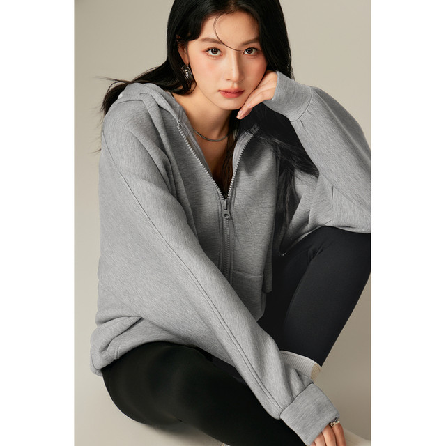 Basic House/Baijiahao American retro solid color hooded sweatshirt for women's spring loose zipper cardigan jacket