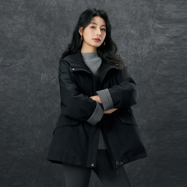 Basic House/Baijiahao hooded workwear down jacket plaid splicing loose blazer jacket to keep warm in winter