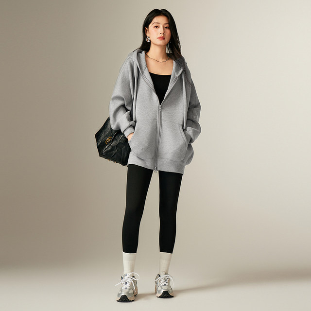 Basic House/Baijiahao American retro solid color hooded sweatshirt for women's spring loose zipper cardigan jacket