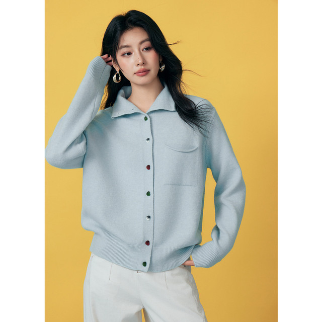 Basic House/Baijiahao Lapel Short Sweater Women's Winter Style Colorful Love Button Cardigan Jacket