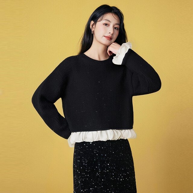 Basic House/Baijiahao sweet style lace splicing sweater sheep wool sequined pullover round neck top for women