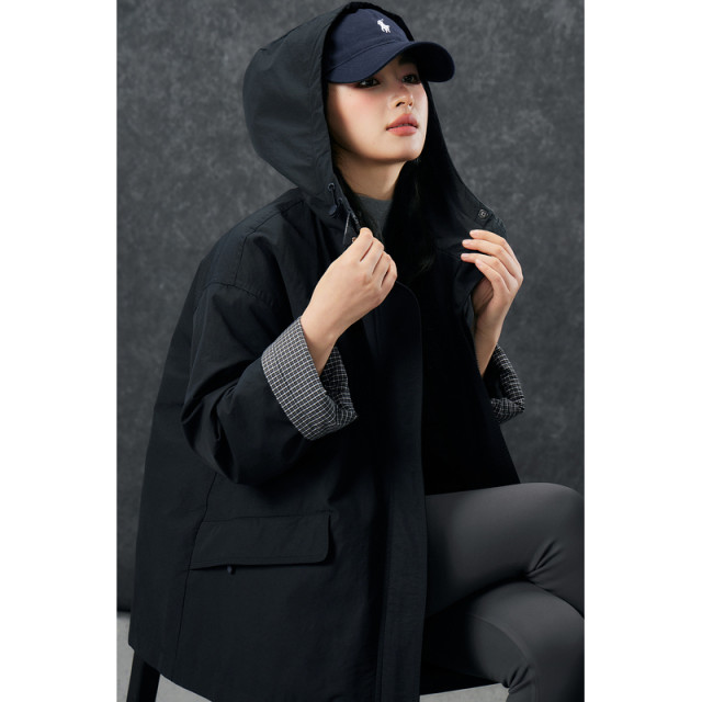 Basic House/Baijiahao hooded workwear down jacket plaid splicing loose blazer jacket to keep warm in winter