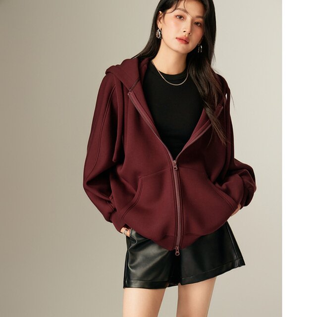 Basic House/Baijiahao American retro solid color hooded sweatshirt for women's spring loose zipper cardigan jacket