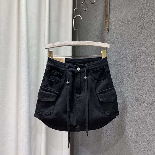 2024 autumn and winter new style loose P high waist slim lace-up denim skirt female hot girl a-line hip short skirt