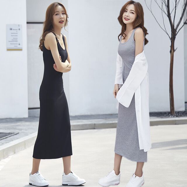 2024 new large-size sleeveless suspender dress summer A small fresh round neck mid-length black vest long skirt