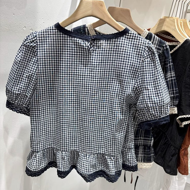 Lace spliced ​​puff sleeve plaid shirt for women 2025 summer round neck ruffle age-reducing doll shirt short-sleeved top
