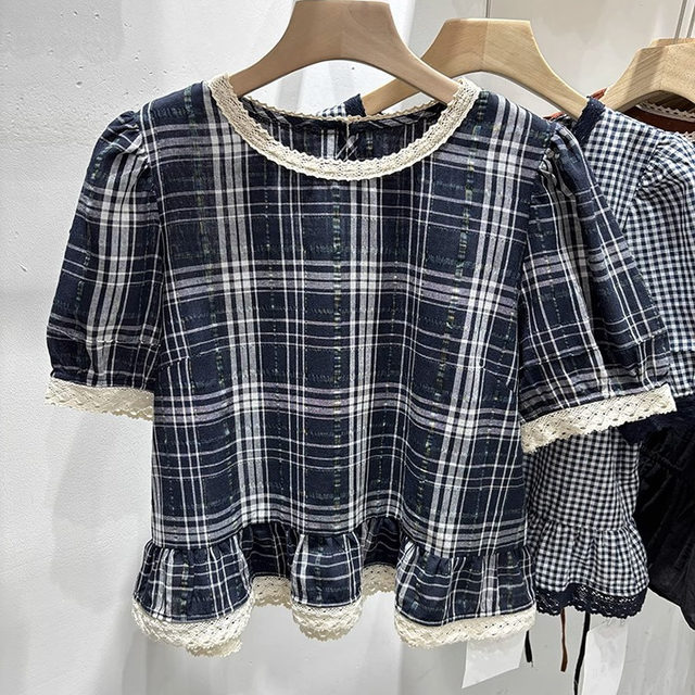 Lace spliced ​​puff sleeve plaid shirt for women 2025 summer round neck ruffle age-reducing doll shirt short-sleeved top
