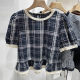 Lace spliced ​​puff sleeve plaid shirt for women 2025 summer round neck ruffle age-reducing doll shirt short-sleeved top
