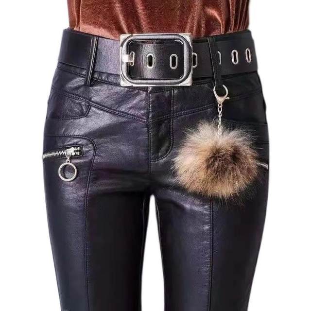 Belove pants female wearing velvet thickened PU leather pants 2024 autumn and winter new black high -waisted tight pencil trousers