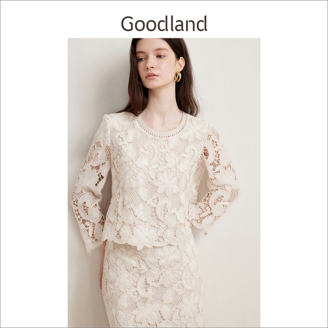 Goodland beautiful women's elegant off-white lace quarter-sleeved top/straight skirt long
