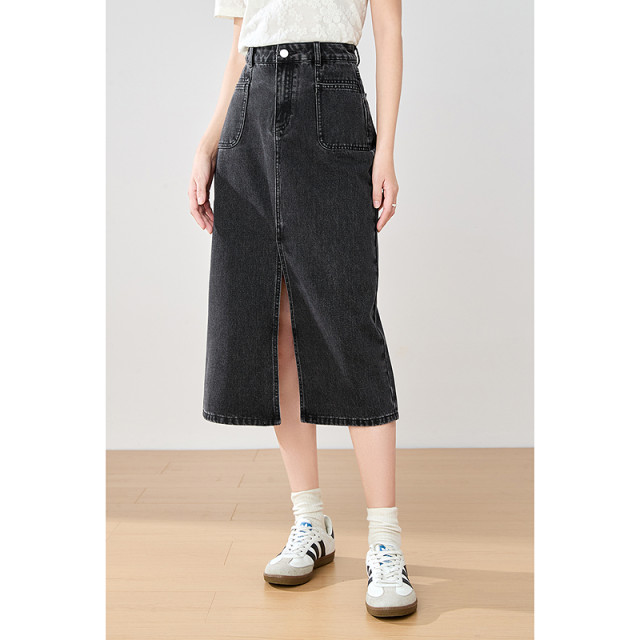 betu 100 pictures with front slit grinding white washing denim skirt women's midskirt 2025 summer new high-waisted skirt

