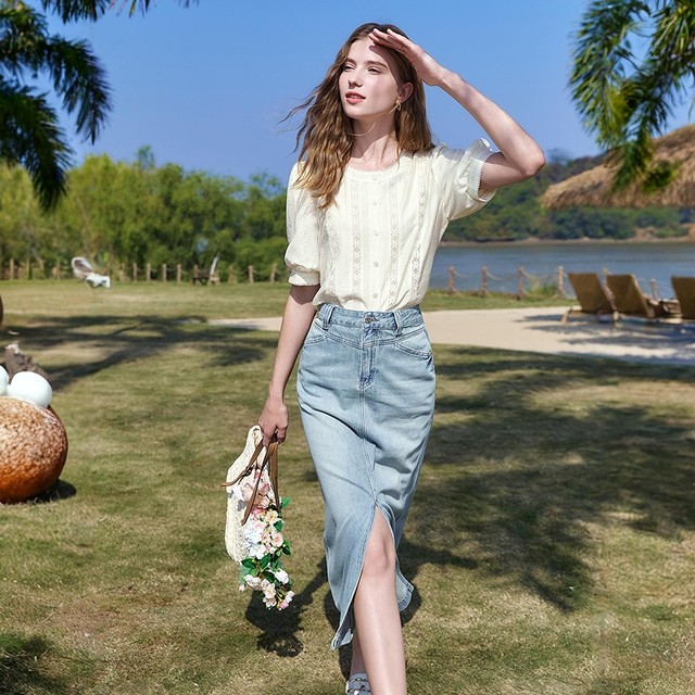 betu Baitu Lantern Sleeve Lace Blouse Women's Short Sleeve 2025 Summer New Laiser White Shirt