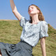 betu Baitu Lace-up Ink Printed Shirt Women's Puff Sleeve 2025 Summer New Loose Short Sleeve Shirt
