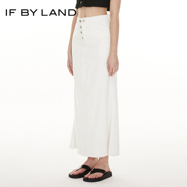 IF BY LAND Spring and Summer White Blue Button Decorated Fishtail Long Skirt