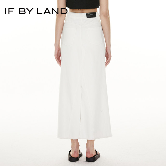 IF BY LAND Spring and Summer White Blue Button Decorated Fishtail Long Skirt