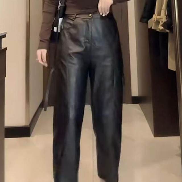Fleece thickened large size small loose straight-leg casual pants new pear-shaped body high-waisted slimming nine-point leather pants