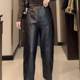 Fleece thickened large size small loose straight-leg casual pants new pear-shaped body high-waisted slimming nine-point leather pants