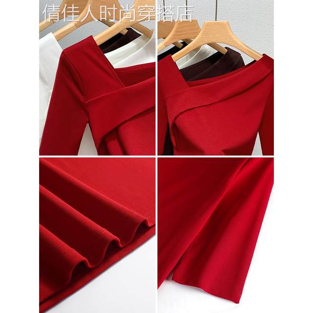 Mid-sleeved T-shirt for women black v-neck summer 2023 new slim base shirt French temperament chic slanted neck top for women
