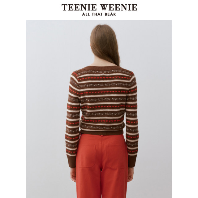 TeenieWeenie Bear Women's Sweater Winter Square Neck Contrast Color Jacquard Hollow Retro Casual Fashion Top

