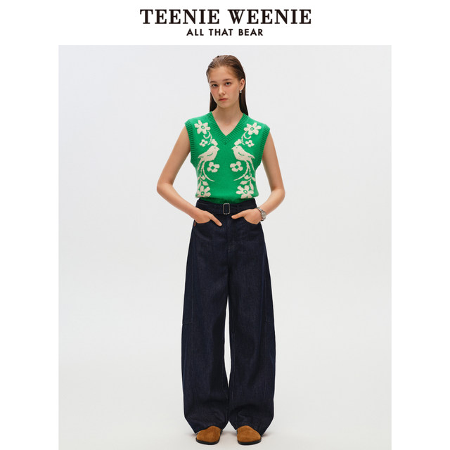 Teenie weenie Women's sweater 2025 spring new retro embedded flower casual V -neck knit vest