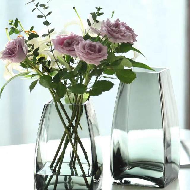 European -style simple square mouth vase Vase Glass transparent hydroponic plant light luxury flower device home living room simple utensils
