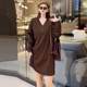 Korean casual hip-pack V-neck long-sleeved T-shirt dress with autumn and winter large size 300 Jin [Jin equals 0.5 kg] mid-length loose versatile top