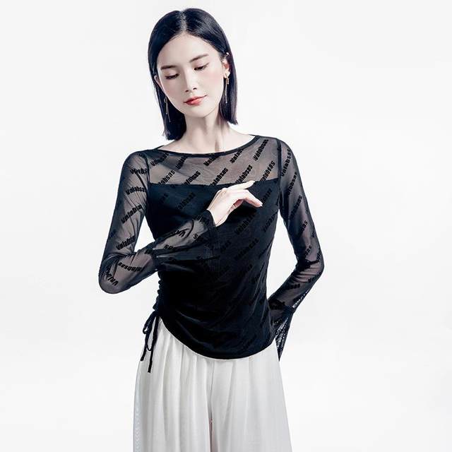 Letter flocking black translucent lace dance top for women with one-length collar 2025 Spring Festival flared sleeve drawstring training suit