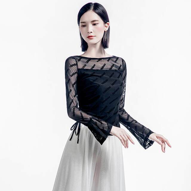 Letter flocking black translucent lace dance top for women with one-length collar 2025 Spring Festival flared sleeve drawstring training suit
