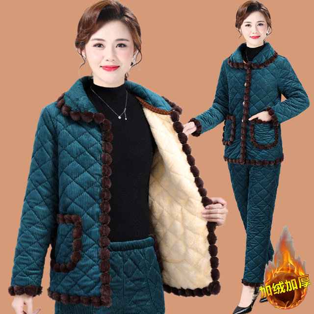 
Mom's winter clothes plus velvet thickened cotton jacket corduroy suit middle-aged and elderly women's warm home cotton jacket and cotton pants two-piece set
