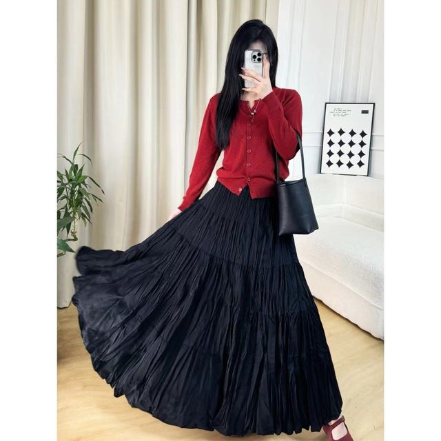 Spring new solid color large hem skirt with pockets slim skirt high waist versatile A-line retro pleated long skirt
