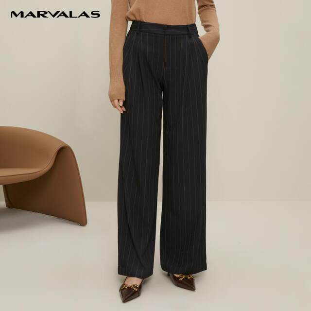 Mandesey black striped trousers for women 2025 autumn and winter new style trousers loose wide-leg pants retro commuter suit pants