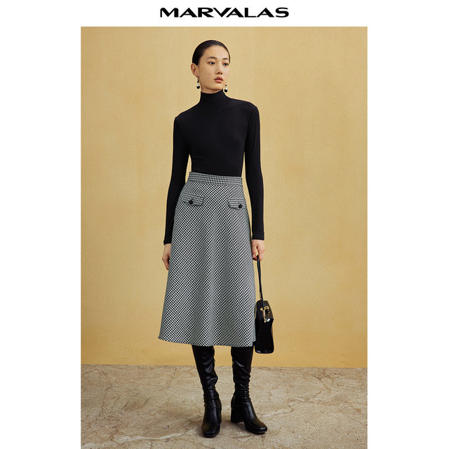 Mandes retro black and white plaid skirt 2025 spring and autumn new high-waist worsted wool classic A-spoke skirt