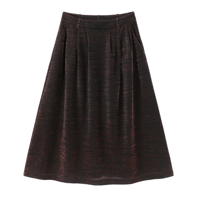 Mandes A-line Skirt 2025 Spring and Autumn New Black Gold Glossy Wire Retro High Waist All-match Mesh Mid-length Skirt
