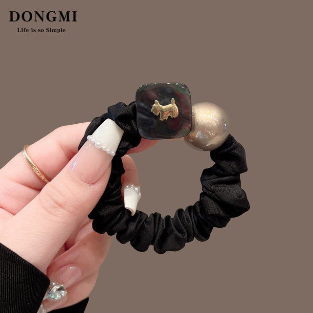 French high-end puppy pearl headband for women 2025 new style simple high elastic hair tie with ponytail rubber band