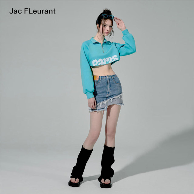 JAC FLEURANT summer blue double layer spliced ​​rosy denim fashionable hot and versatile short skirt
