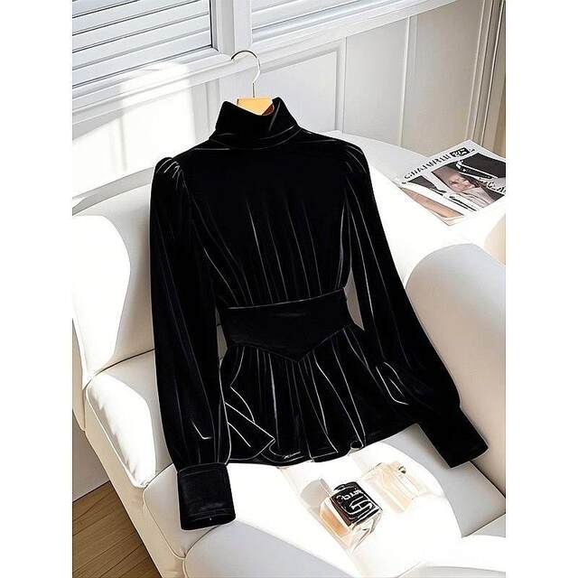 French unique super beautiful inner long -sleeved gold velvet shirt in winter light luxury high -level black plus velvet shirt
